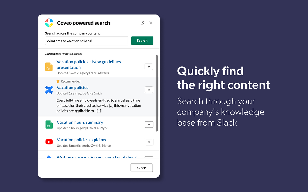 Coveo AI Search and Recommendations for Slack